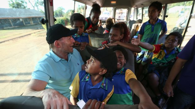 Prime Minister Tony Abbott joins the Remote School Attendance Strategy bus.