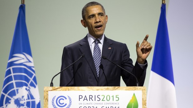 Obama speaking at the conference centre in Le Bourget, Paris.