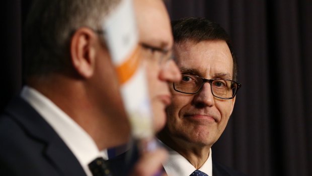 Treasurer Scott Morrison releases the government's response to the competition policy review with review author Professor Ian Harper at Parliament House on Tuesday.