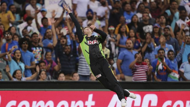 Australia's Steven Smith lunges for a catch during the T20 International against India.