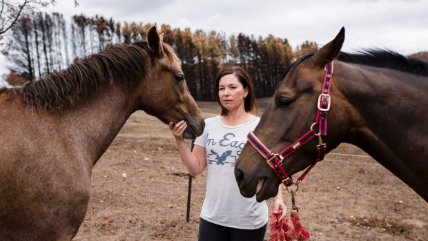 Carwoola resident Alex DeValentin said she had no radio reception to listen to ABC Radio Canberra during the recent fire when she evacuated to her friend's home in Hoskinstown. Alex in her burnt paddock with two of her horses, Harry and Buster.