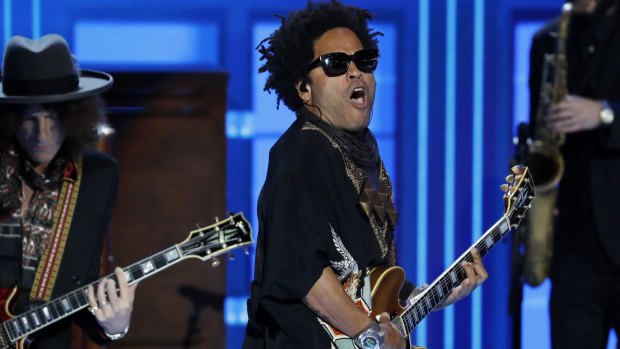 Lenny Kravitz performs during the third day of the Democratic National Convention in Philadelphia.