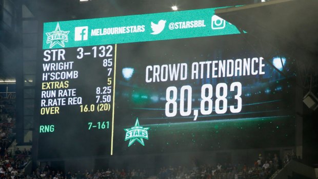 The scoreboad shows the record attendance for a domestic game in Australia during last year's Melbourne derby between the Stars and Renegades.