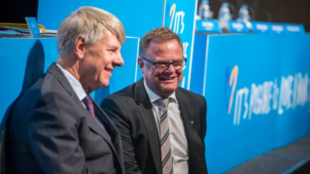 Bank of Queensland chair Roger Davis (left), with chief executive Jon Sutton, said while Brisbane was at the forefront of speculation around a housing bubble bursting, the bank was well-positioned in the event of any volatility.