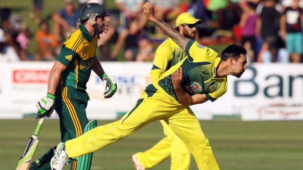 No slowing down: Mitchell Johnson delivers another thunderbolt to South Africa in Harare.