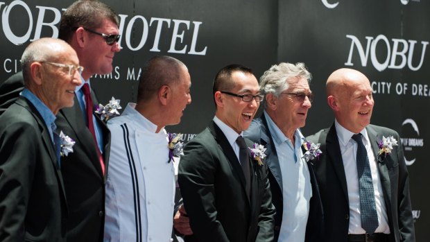 Partners in Nobu Hospitality (from left) Hollywood film producer Meir Teper, Melco Crown Entertainment co-chairman James Packer, founding chef of Nobu Restaurant Nobu Matsushita, Melco Crown chief executive Lawrence Ho, Academy Award winning actor Robert De Niro, and CEO of Nobu Hospitality Trevor Horwell.