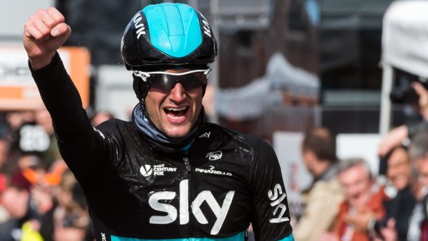 Wout Poels of Team Sky celebrates as he crosses the finish line.