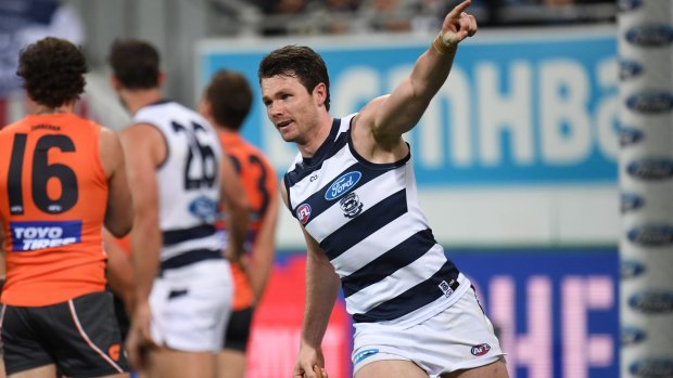 Superb shift: Patrick Dangerfield enjoys a major for the Cats during their win over GWS in round 23. 