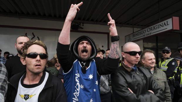 'Patriots' at a protest against a Bendigo mosque last year.