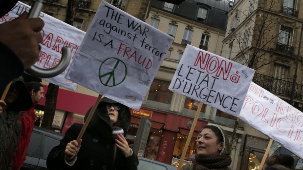 Demonstrators protest against the emergency powers in Paris on January 30.