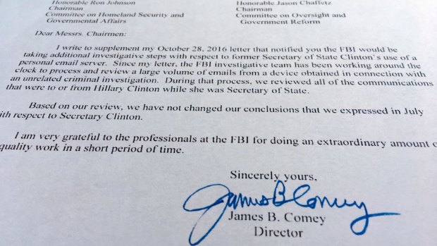 Part of a letter from FBI director James Comey to Congress is photographed.