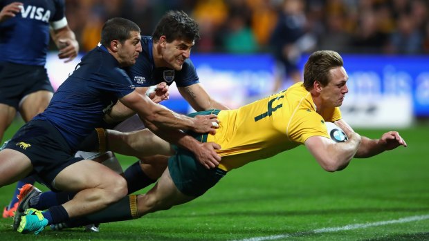 The Wallabies' Dane Haylett-Petty scores a try during the Rugby Championship match against Argentina in Perth last September.