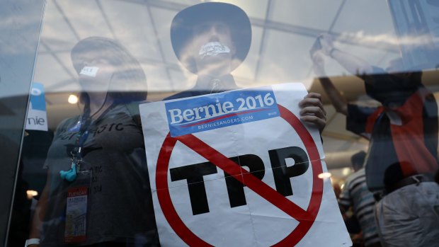 A sign protesting against the Trans-Pacific Partnership during the Democratic National Convention in Philadelphia, US. 