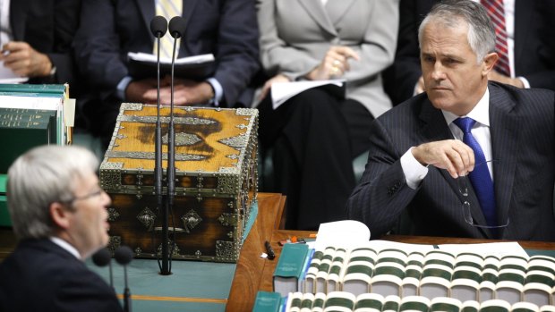 Then opposition leader Malcolm Turnbull listens to the then prime minister Kevin Rudd in 2009.