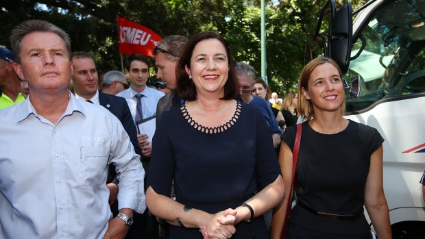 Queensland Premier Annastacia Palaszczuk takes part in the protest outside Parliament House.