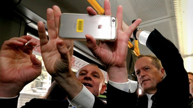 Mr Shorten takes a selfie with SA Premier Jay Weatherill during a tram ride in Adelaide.