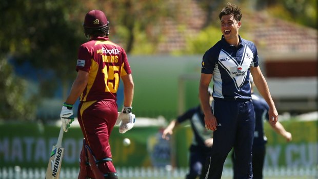 Departing: Queensland's Joe Burns was trapped lbw by Victorian Marcus Stoinis on 17 in the one-day cup finals in Sydney on Tuesday.