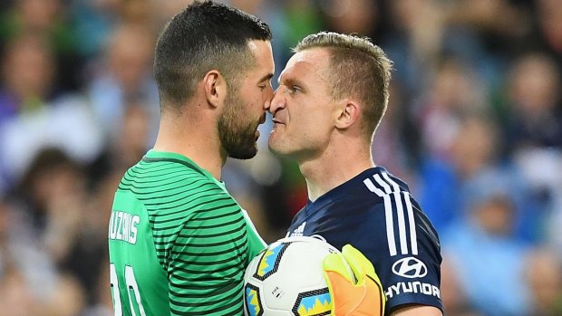 City goalkeeper Dean Bouzanis and Victory star Besart Berisha come face to face.