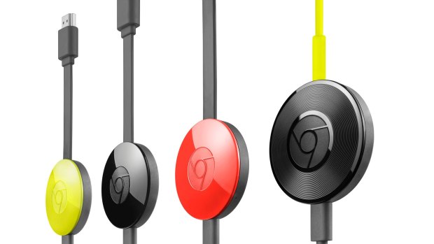 Three colours of the newly redesigned Chromecast, plus the brand new Chromecast Audio.