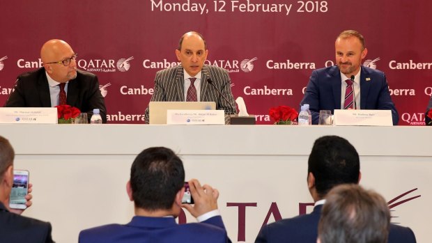 Qatar Airways chief executive Akbar Al Baker (centre) with ACT Chief Minister Andrew Barr (right) at the Qatar Airways media launch on Tuesday. 