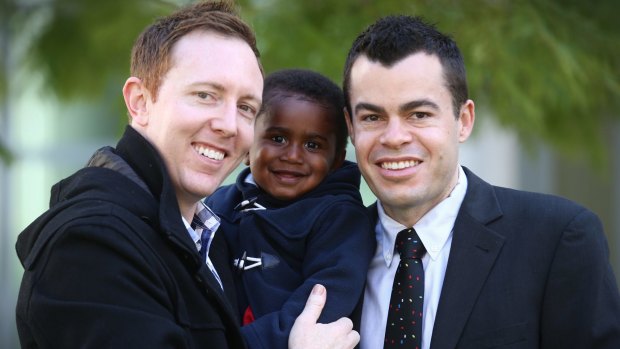Jason Haines with partner David Momcilovic and their son Oliver are in Canberra to attend Bill Shorten's introduction of a private members bill on marriage equality.