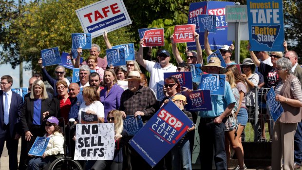 A protest against TAFE cuts in Belmont, near Newcastle, last year. 