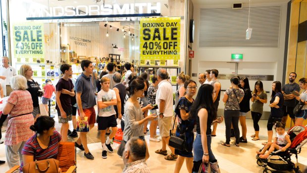 Boxing Day shoppers at Macquarie Shopping Centre in North Ryde. Some retailers report making many weeks' worth of sales in the one day.