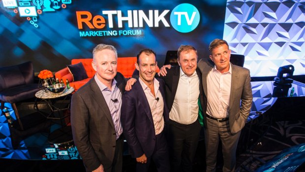 Commercial television has united to attract more advertising dollars back to its platform. Launching the Think TV Conference (left to right) Nine CEO Hugh Marks, Ten CEO Paul Anderson, Foxtel CEO Peter Tonagh, and Seven CEO Tim Worner.
