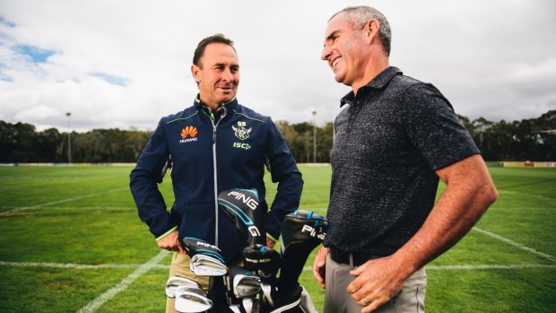 Matt Millar [right] admitted to "enjoying things a bit too much" following his round at Royal Canberra for the Ricky Stuart [left] Foundation golf day ahead of a horror travel day. 
