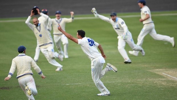 Danger man: Mitchell Starc and his NSW teammates celebrate the left-armer's second hat-trick against Western Australia.