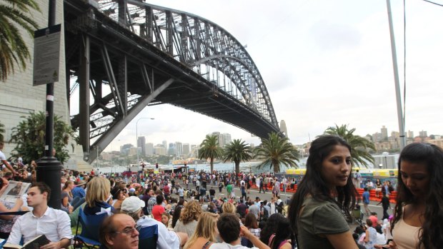 Crowds gathering at Dawes Point on New Year's Eve.