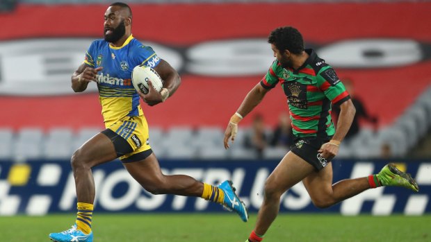Semi Radradra of the Eels breaks away to score a 90m try against the South Sydney Rabbitohs on Friday night.