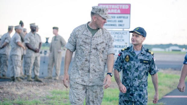 Left, Lt Col Eric Dooughety, Commander of the 4th Marine Rotational Force, with Northern Command Commander Commodore Brenton Smythe in Darwin last year.