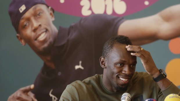 In the spotlight: Usain Bolt talks to the media in Prague before competing in Ostrava on Friday, his first race in Europe ahead of the Rio Games.