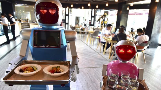 Robots  Xiaolan  and Xiaotao carry trays of food at a restaurant in Jinhua, China.
