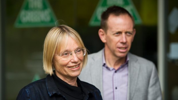 Greens Party member Caroline Le Couteur and Greens Party Leader Shane Rattenbury on Saturday after the final results were tallied.