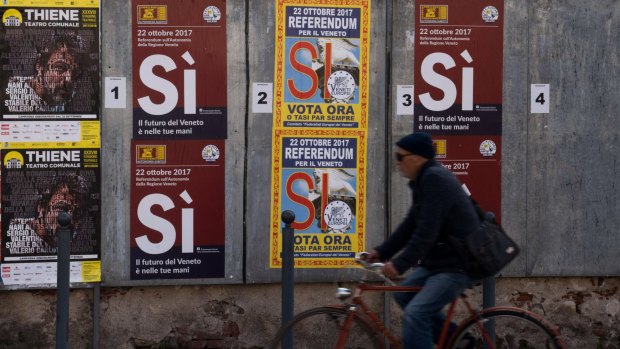 Posters support a pro-autonomy position in Asiago, Veneto Region, Italy.