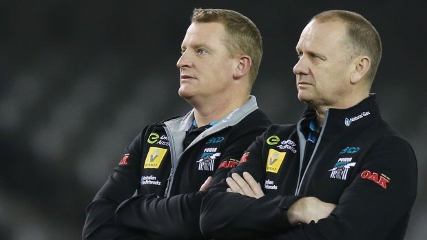Port Adelaide head coach Ken Hinkley (right) and assistant Michael Voss.