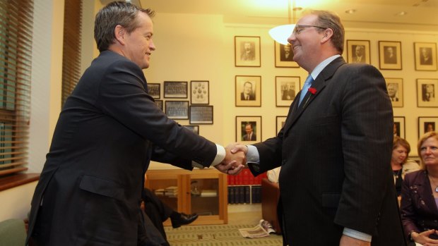 Opposition Leader Bill Shorten congratulates David Feeney after he joined the Labor Party caucus in 2013. 