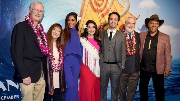 From left: Director John Musker, producer Osnat Shurer, Nicole Scherzinger, Auli’i Cravalho, 
Lin-Manuel Miranda, director Ron Clements and Opetaia Foa’i at a <i>Moana</i> screening in London.