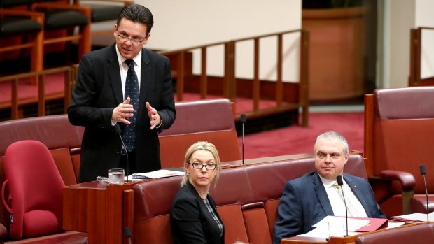 Senator Nick Xenophon in the Senate with Skye Kakoschke-Moore and Stirling Griff.