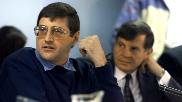 Apartheid death-squad leader Eugene de Kock, left, appearing before the Truth And Reconciliation Commission with his lawyer in 1999. 