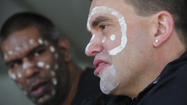 Former ice users Micah Hill, left, and Matthew Wilson, both of Canberra, at the Aboriginal health service's forum on Tuesday.