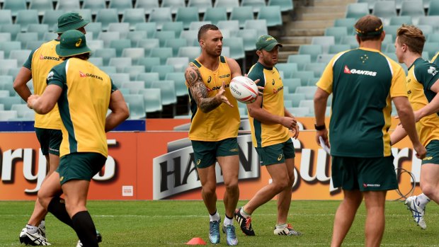 Quade Cooper (third from left) training with the Australian Sevens team. 