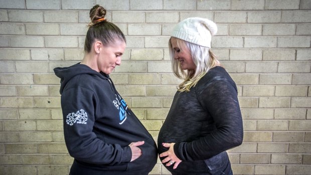 Nat Hurst (left) has returned to play with the Canberra Capitals pictured with her wife Tara Hurst who is 39 weeks pregnant. 