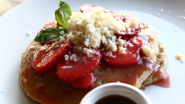 Teff pancakes with strawberries.