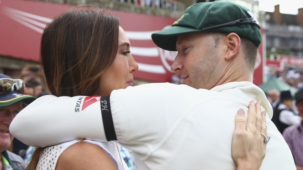 Michael Clarke embraces his wife Kyly after his last Test on August 23.