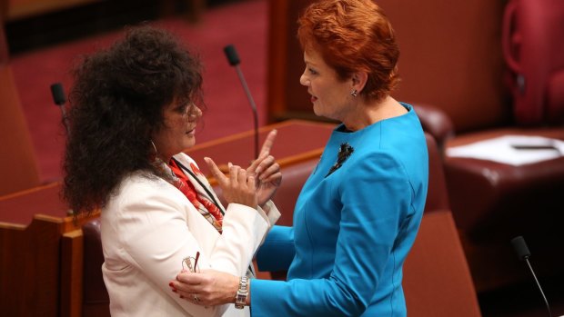 Labor senator Malarndirri McCarthy with senator Pauline Hanson after the One Nation leader's first speech in the Senate.