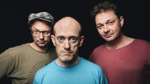 Scott Edgar, Simon Hall and Steven Gates from Tripod pose after their soundcheck at the Canberra Theatre Centre ahead of the Canberra Comedy Festival Gala.