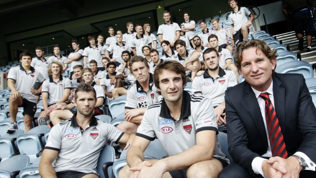 Former Essendon coach James Hird with his 2012 playing squad.